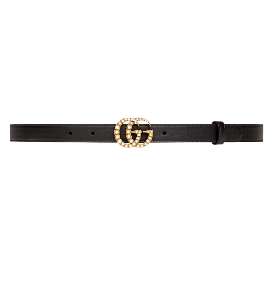 GUCCI LEATHER BELT WITH PEARL DOUBLE G BUCKLE
