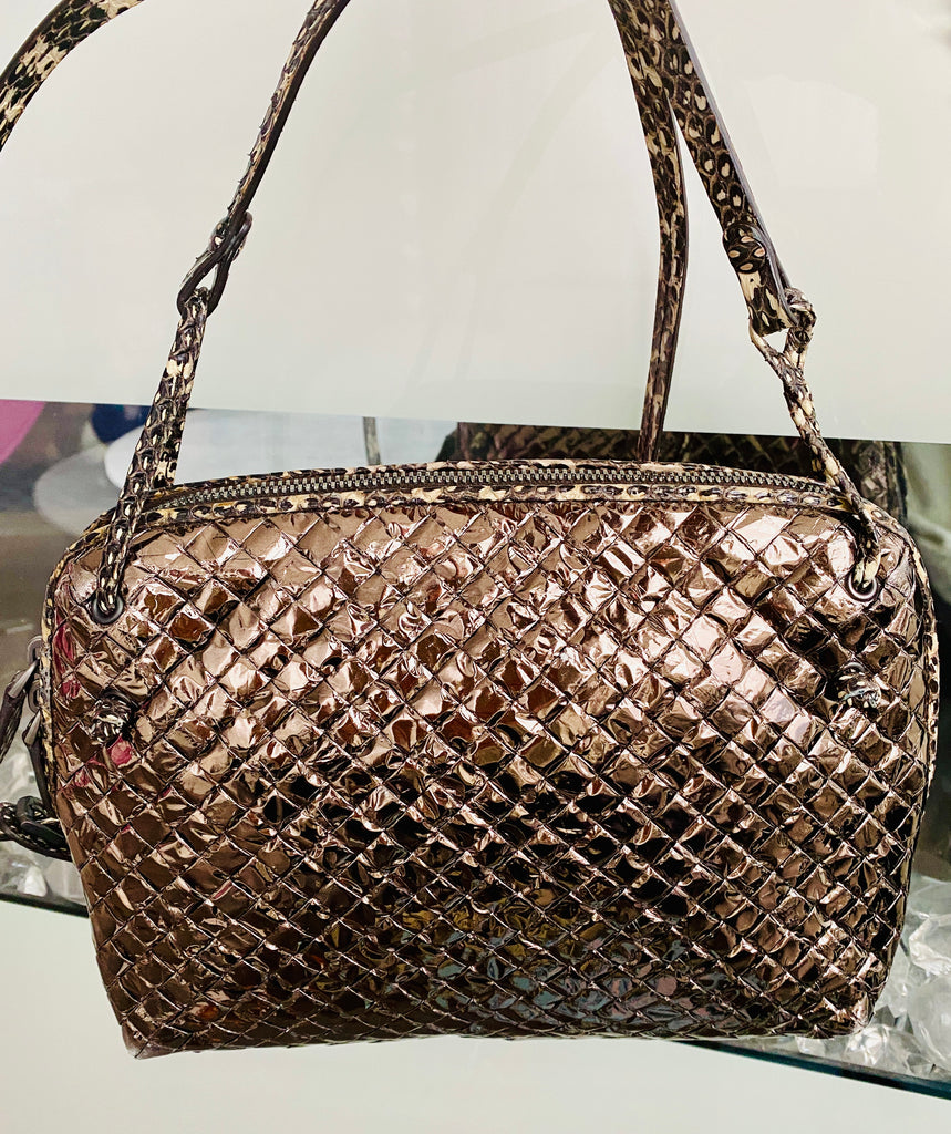Bottega Veneta Rose Gold  Metallic Intrecciato Leather Cross-Body Bag