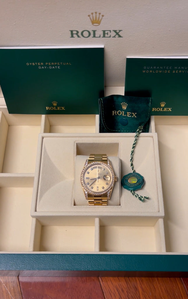 Rolex oyster perpetual day-date 36 yellow gold diamond watch 118388