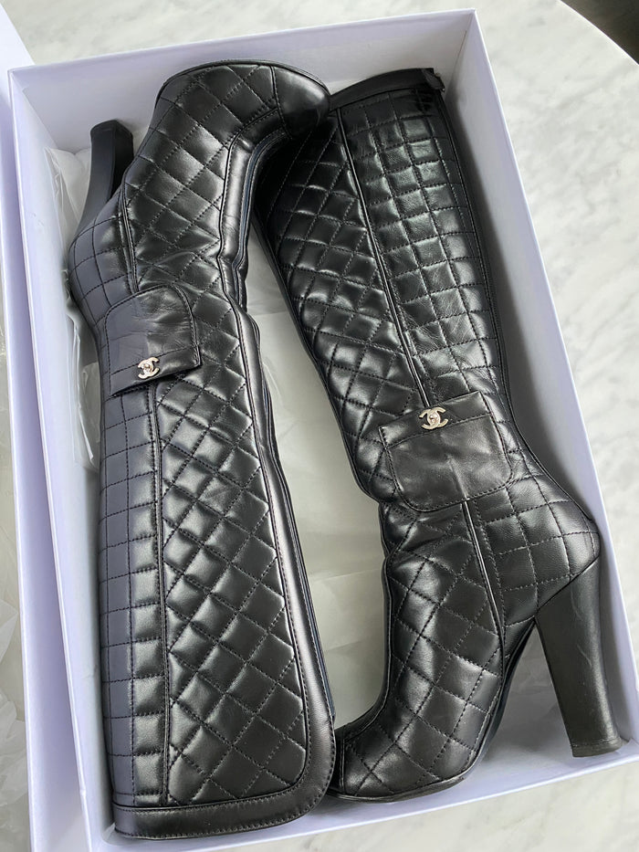 CHANEL QUILTED LEATHER KNEE-HIGH BOOTS, Size 36