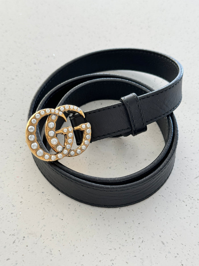 GUCCI LEATHER BELT WITH PEARL DOUBLE G BUCKLE