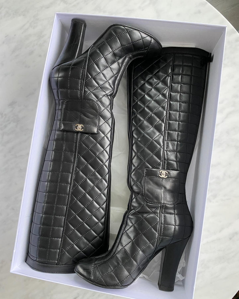 CHANEL QUILTED LEATHER KNEE-HIGH BOOTS, Size 36