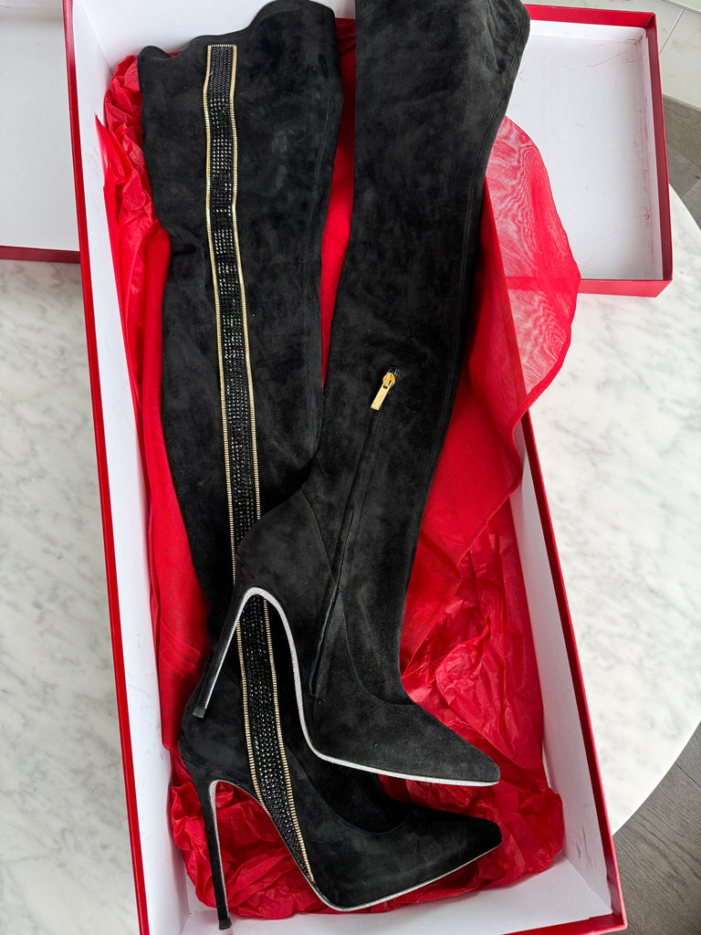 Rene Caovilla crystal-embellished suede over-the-knee boots, size 36.