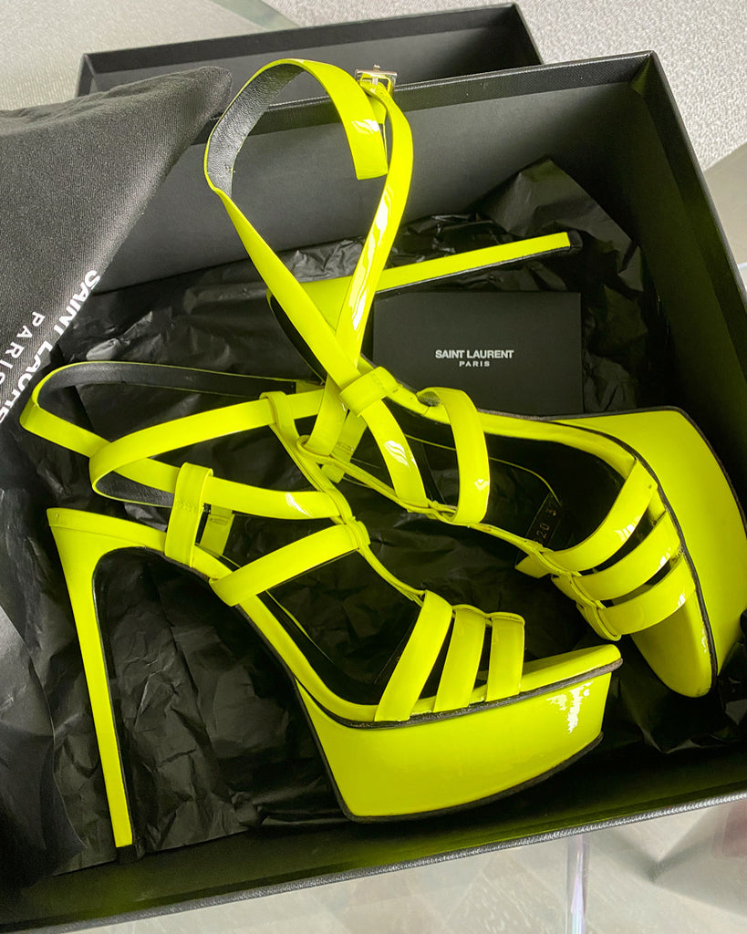 SAINT LAURENT Platform Sandals in Neon Yellow Patent Leather
