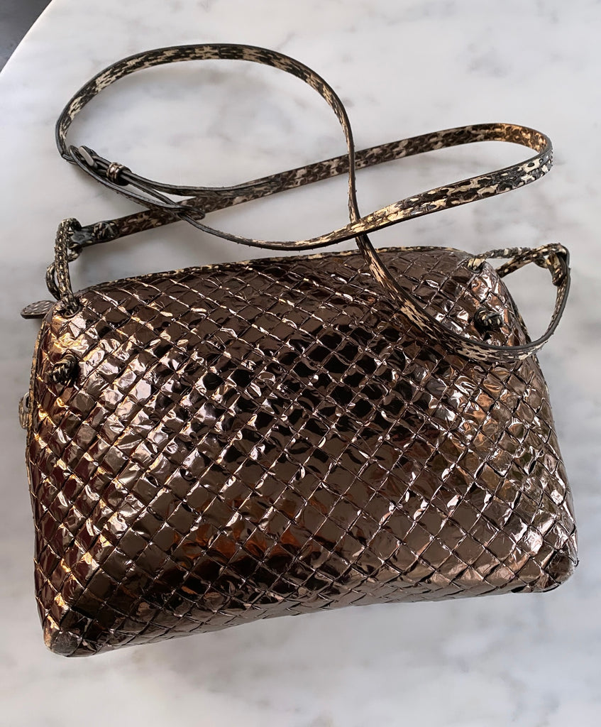 Bottega Veneta Rose Gold  Metallic Intrecciato Leather Cross-Body Bag