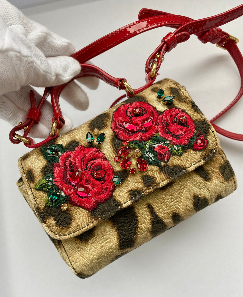 Dolce&Gabbana Mini Leopard-Print Floral Bag w Rhinestones