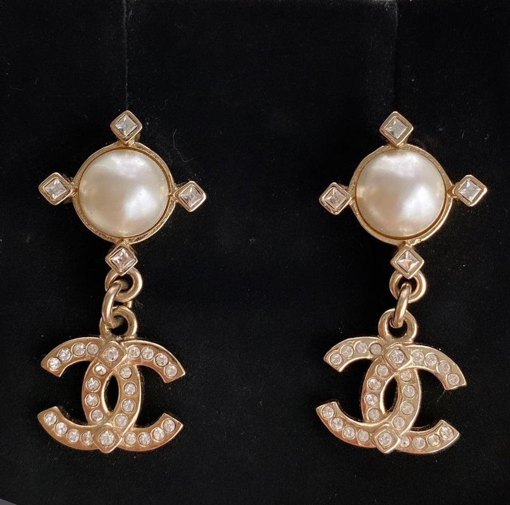 CHANEL Pave Crystal CC Pearl Drop Earrings - Timeless Luxuries