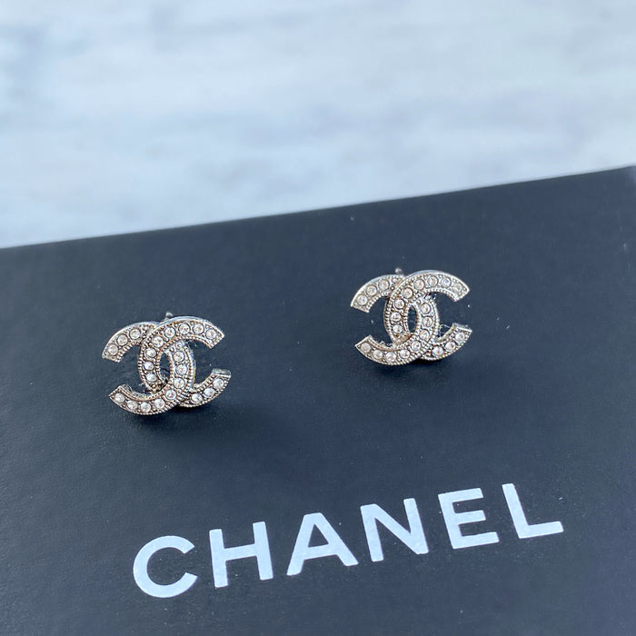 CHANEL Silver Crystal CC Stud Earrings