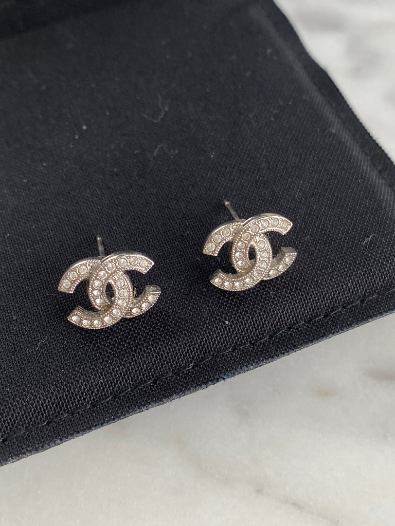 CHANEL Silver Crystal CC Stud Earrings