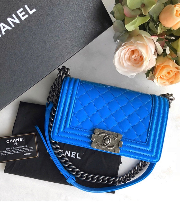 Chanel Small Quilted Flap in Electric Blue Patent Boy Bag