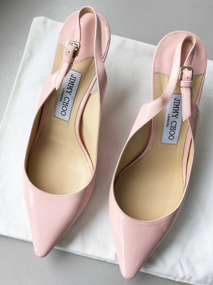 Jimmy Choo Rosewater Pink Patent Leather Slingback Pumps; Size 39