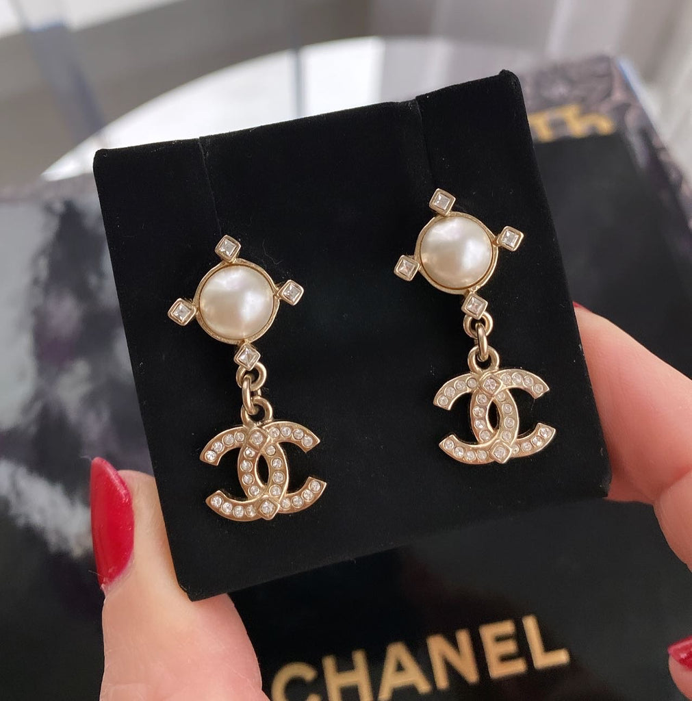 CHANEL, Jewelry, Chanel Cc Crystal Pearl Drop Earrings