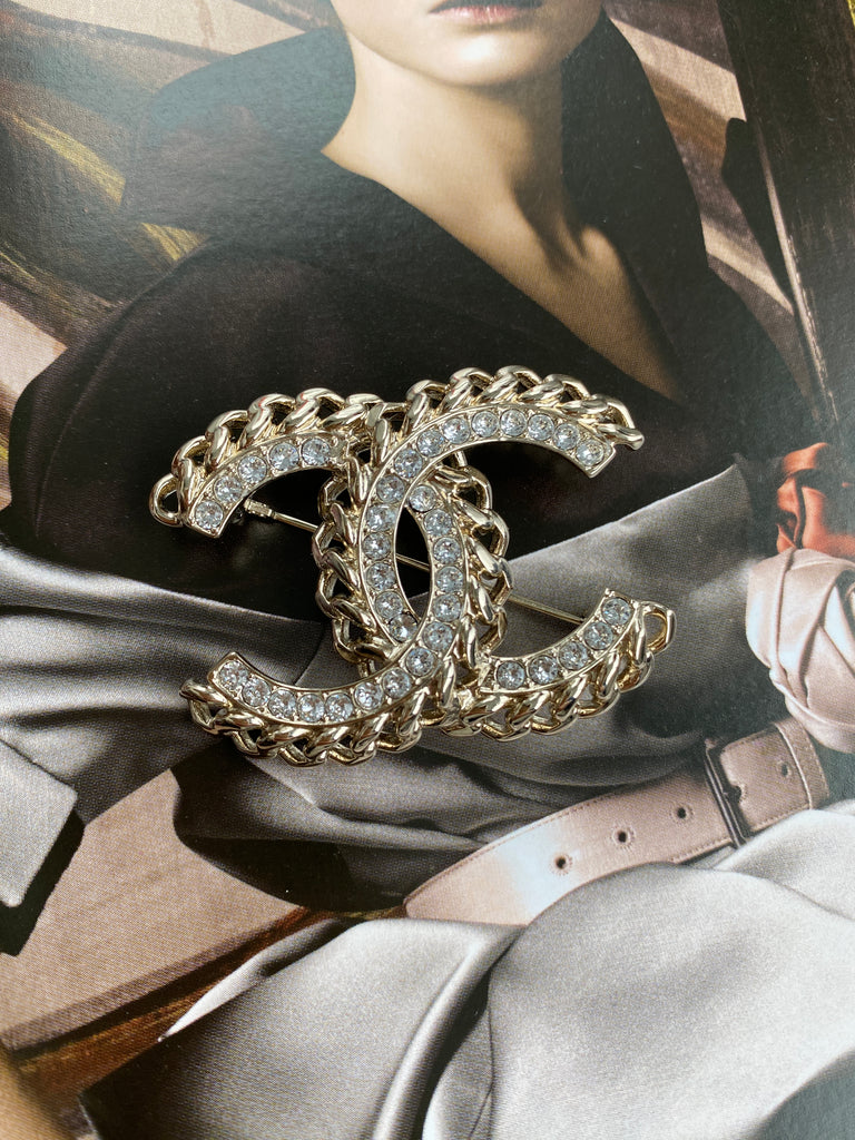 CHANEL CC Gold-tone Metal and Crystal Brooch