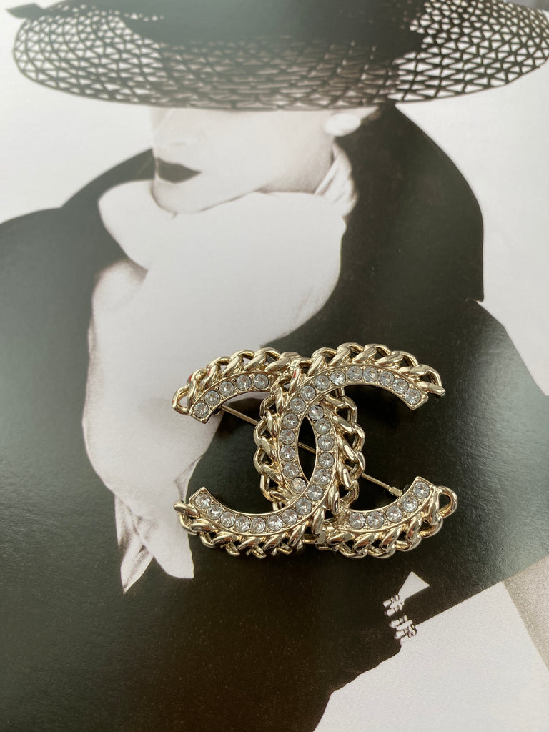 CHANEL CC Gold-tone Metal and Crystal Brooch