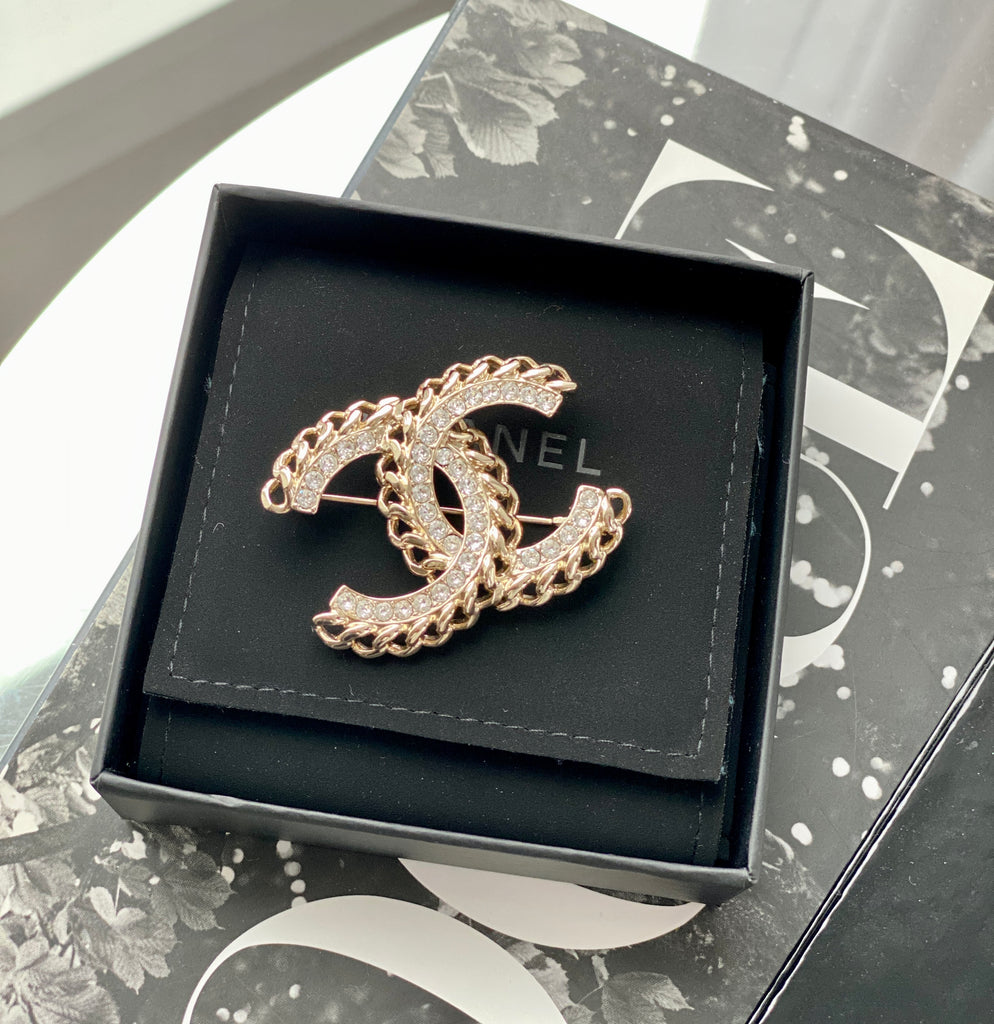 CHANEL CC Gold-tone Metal and Crystal Brooch