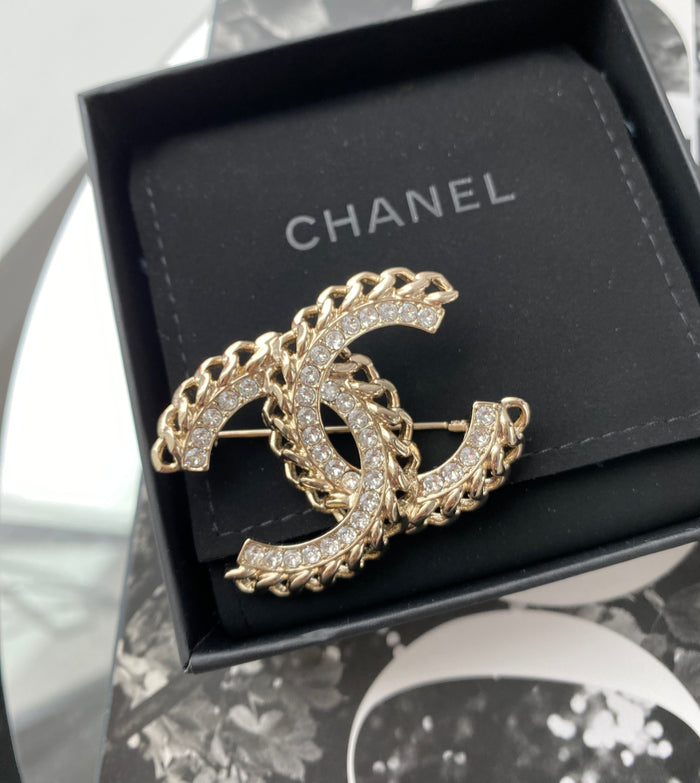 CHANEL CC Gold-tone Metal and Crystal Brooch